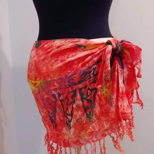 Coral/ Orange Batik Print Fringe Short Sarong